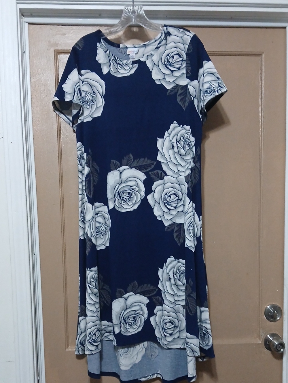 LuLaRoe Carly Navy Floral High-Low Dress with White Rose Print